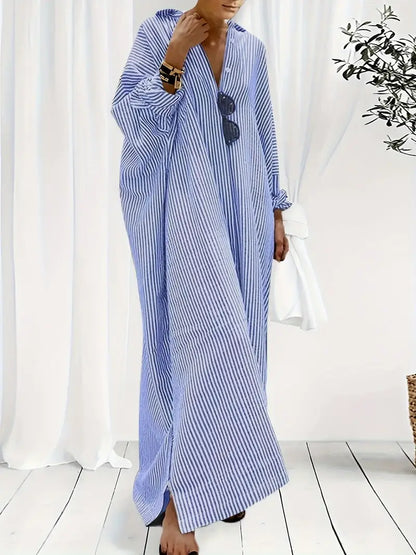 V Neck Button Front Vertical Stripe Oversized Shirt Maxi Dress