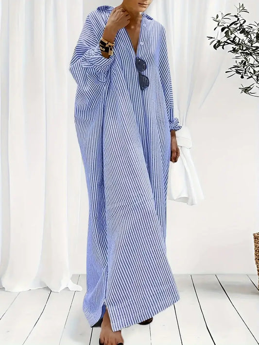 V Neck Button Front Vertical Stripe Oversized Shirt Maxi Dress