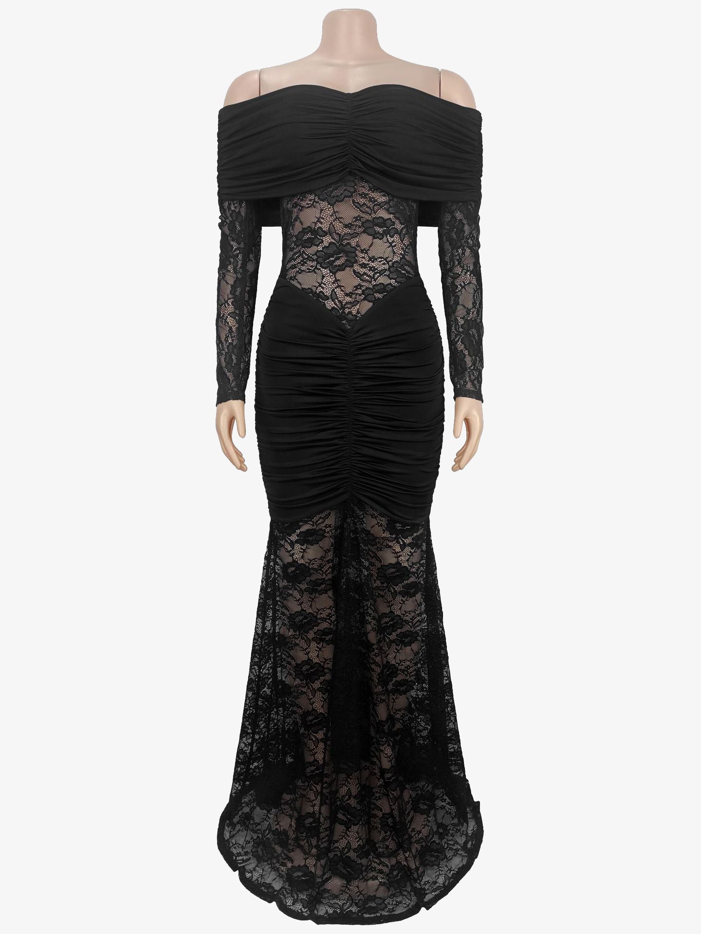 Off Shoulder Ruched Lace Sheer Panel Slim Fit Fishtail Long Gown For Women 2026