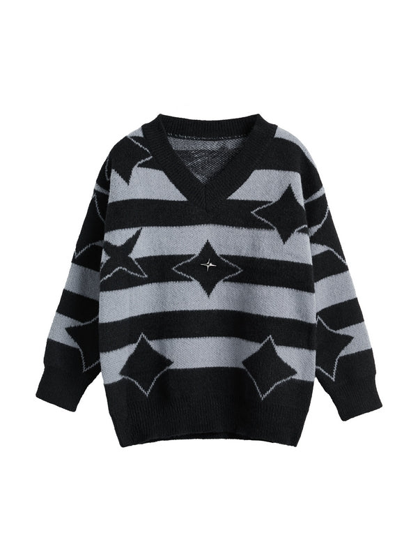 Plush Stripe Print V Neck Star Embellished Sweater