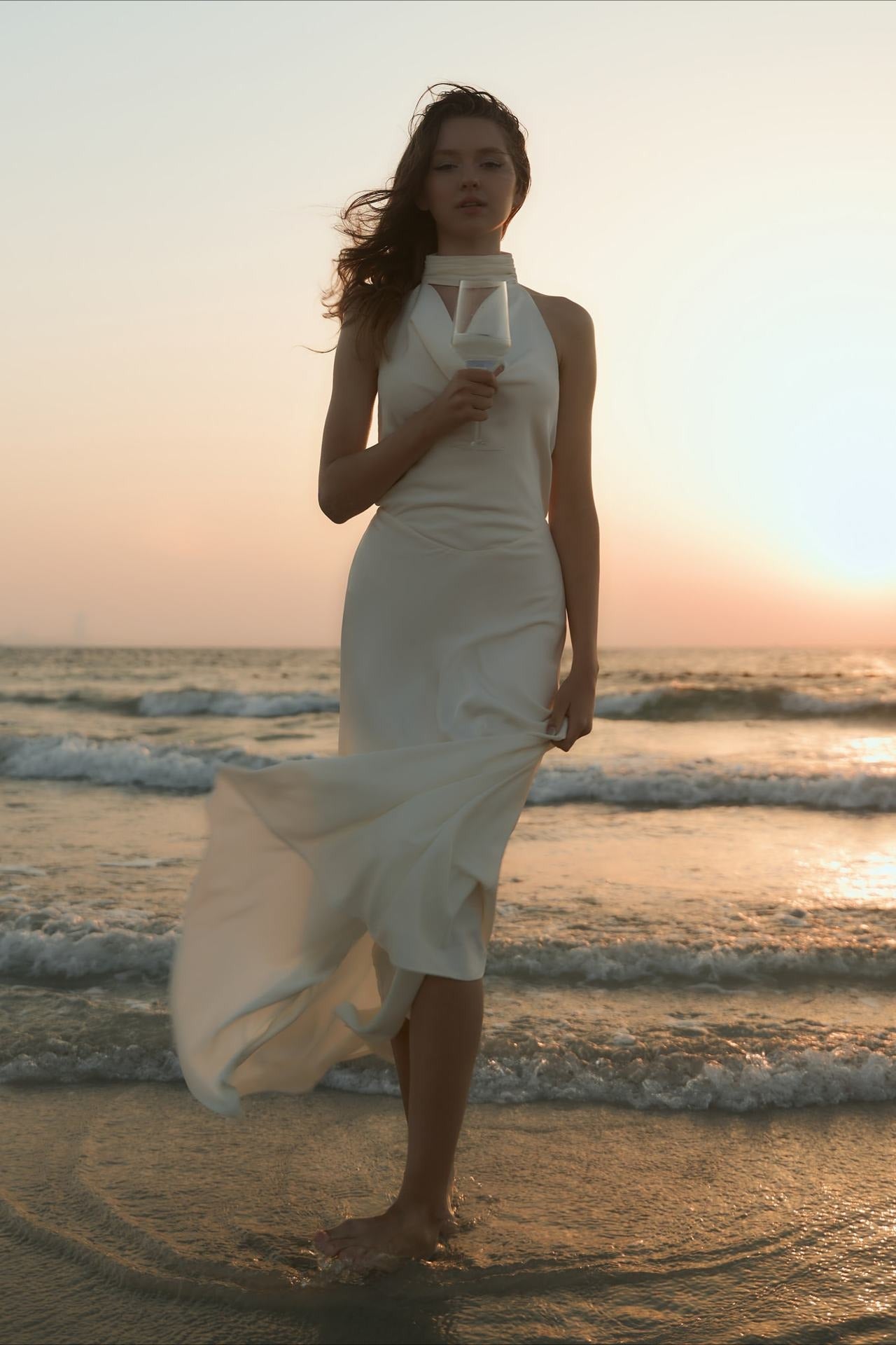 Satin V-Neck Halter Backless Maxi Party Dress