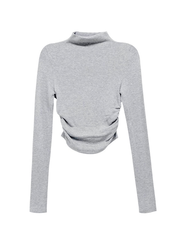 Solid Mock Neck Shirred Slim Long Sleeve Knit