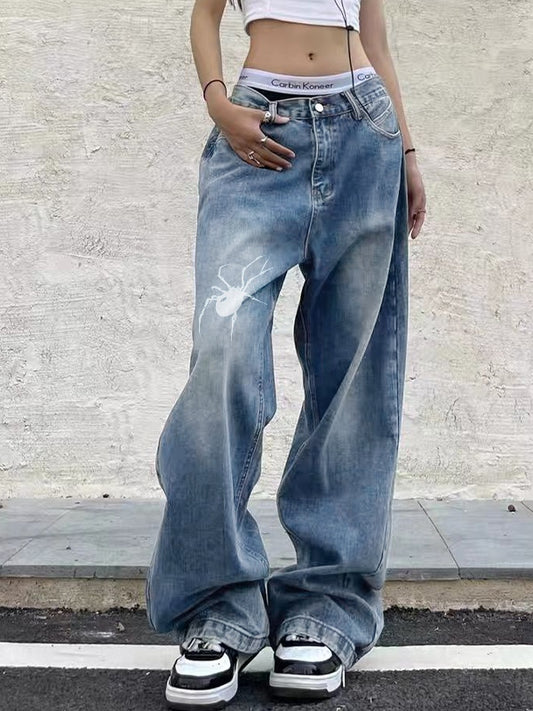 Street Spider Print Boyfriend Jeans