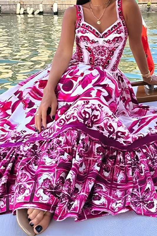 Mediterranean Print Sweetheart Neck Tiered Flounce Hem Maxi Dress