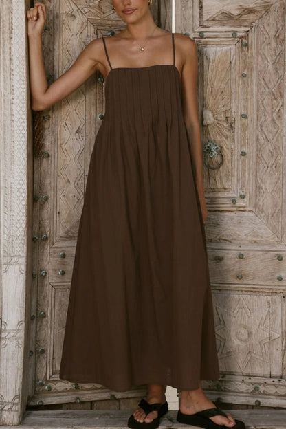 Solid Color Pleated Square Neck Suspender Casual Midi Dress