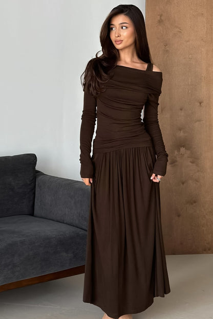One Shoulder Draped Collar Long Sleeve Ruched Waist Maxi Dress