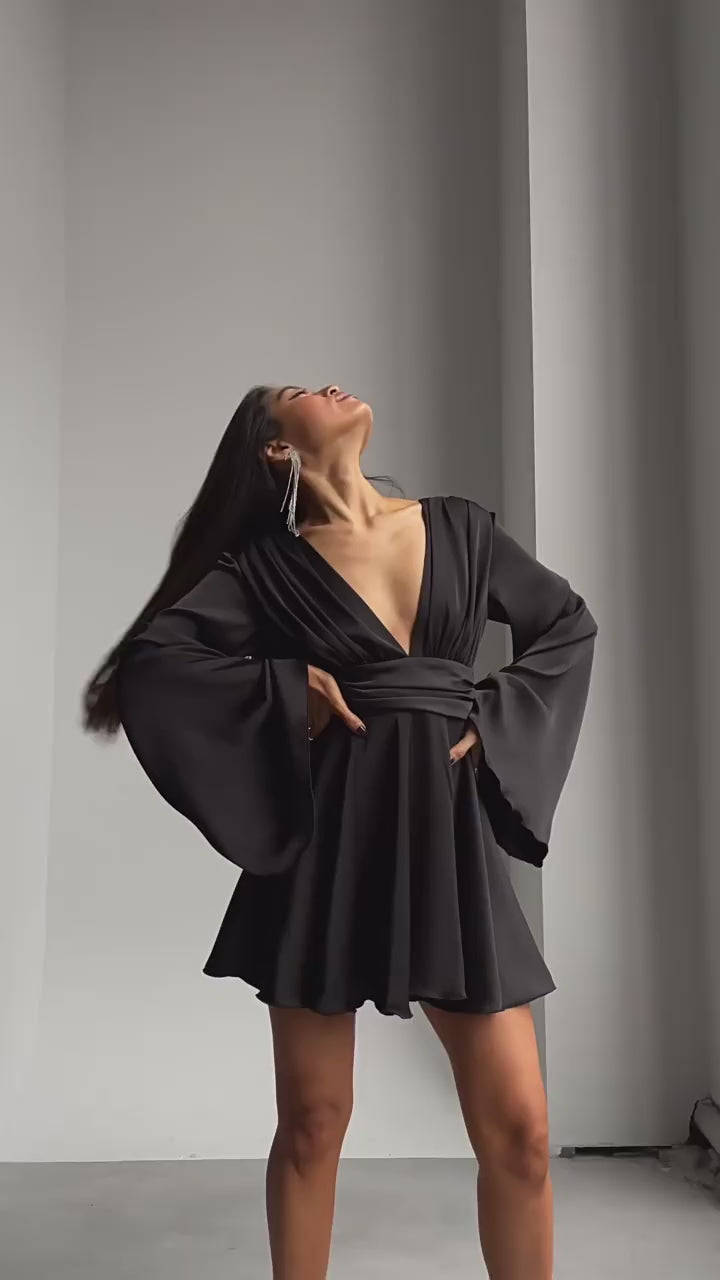 Plunging V-Neck Satin Bell Sleeve Ruffle Hem Fit and Flare Mini Dress