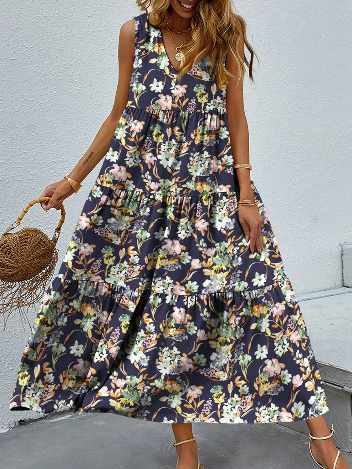 Abstract Floral Print Tiered V-Neck Sleeveless Maxi Dress