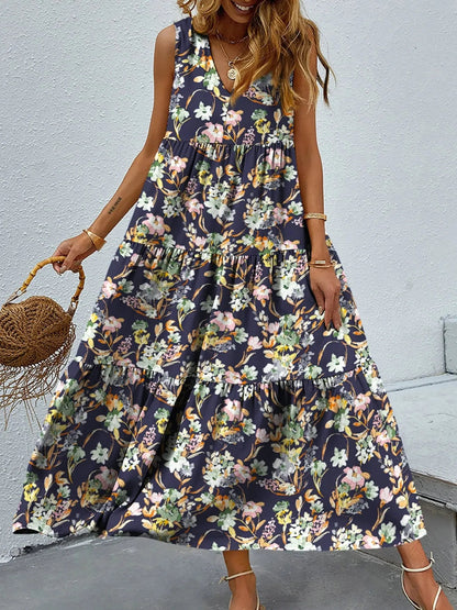 Abstract Floral Print Tiered V-Neck Sleeveless Maxi Dress