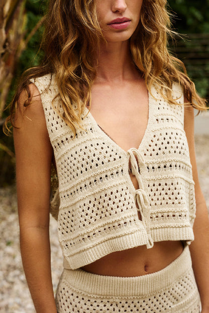 Solid Color V-neck Openwork Tie-waist Top and Elastic Waist Pocket Holiday Knit Mini Skirt Cover-up Set