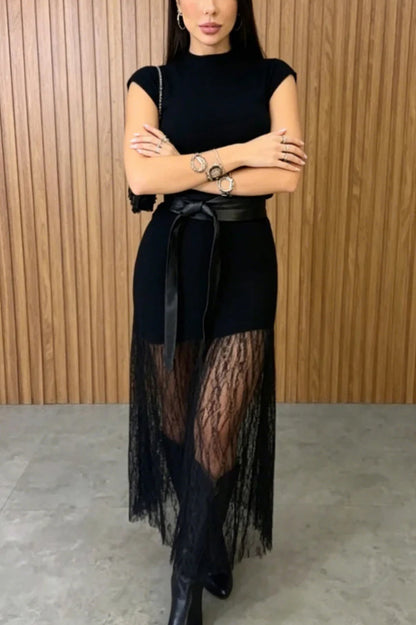 Stylish Sleeveless Spliced lace Hem Elegant Slim-fit Maxi Dress