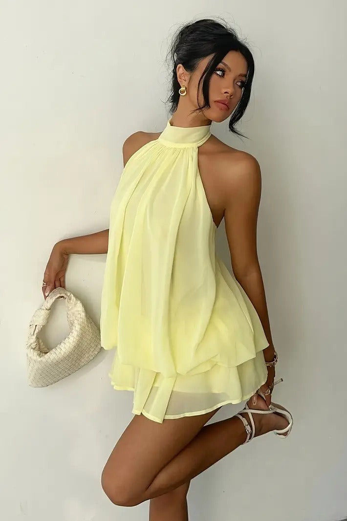 Pleated Halter Neck Tiered Ruffle Chiffon Trapeze Mini Dress