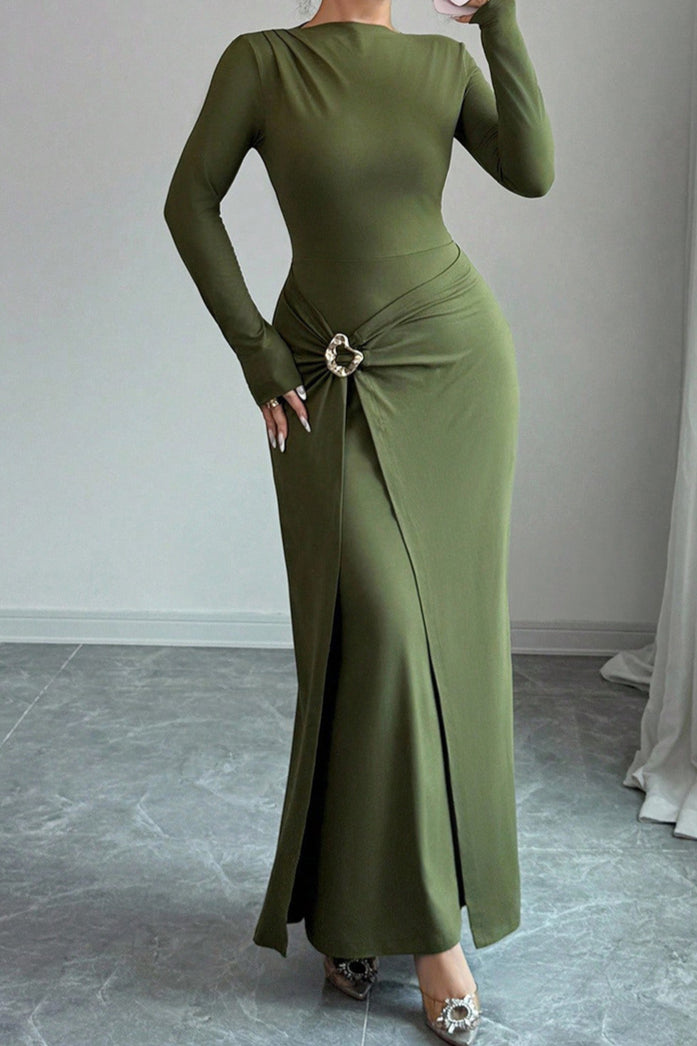 Boat Neck Hammered Metal Buckle Draped Front Slit Maxi Dress