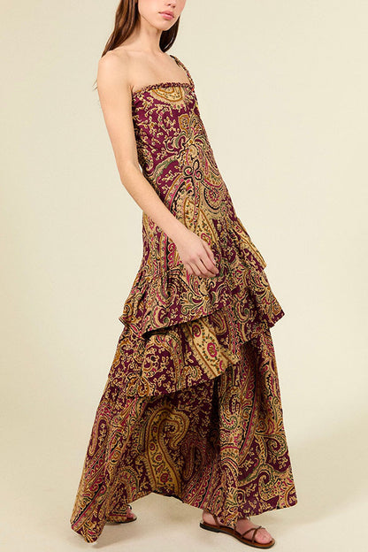 Ailen Paisley Print One Shoulder Tassel Details Ruffle Hem Maxi Dress