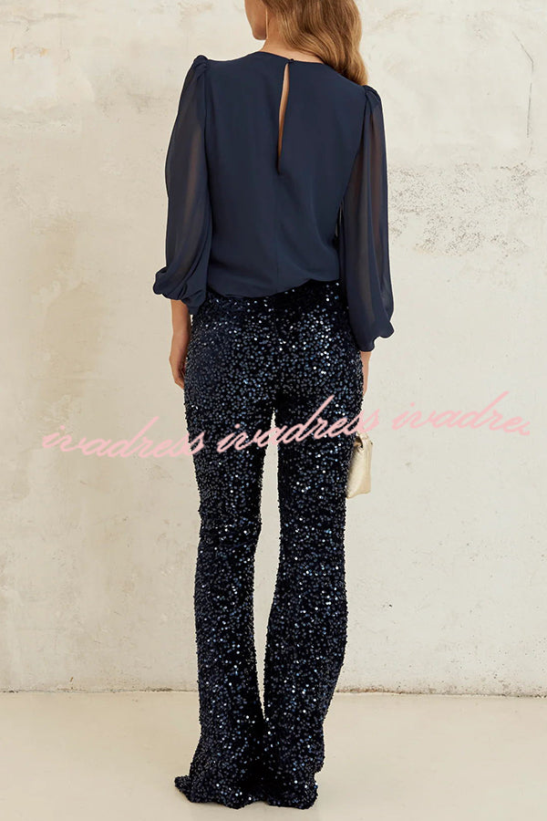 Diva Sequin High Rise Elastic Waist Flare Pants