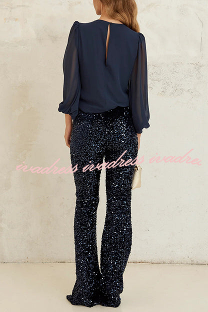 Diva Velvet Sequin High Rise Elastic Waist Flare Pants
