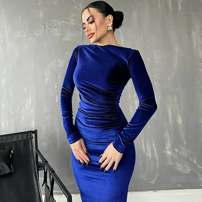 Velvet Ruched Side Drape Bateau Neck Long Sleeve Bodycon Midi Dress