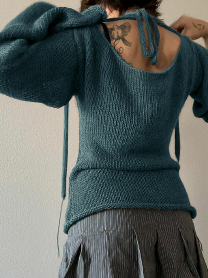 Solid Color Backless Lace Up Long Sleeve Knit