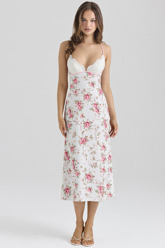 Lace Cup V Neck Floral Print Slip Maxi Dress