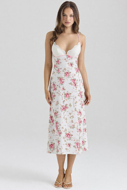 Lace Cup V Neck Floral Print Slip Maxi Dress