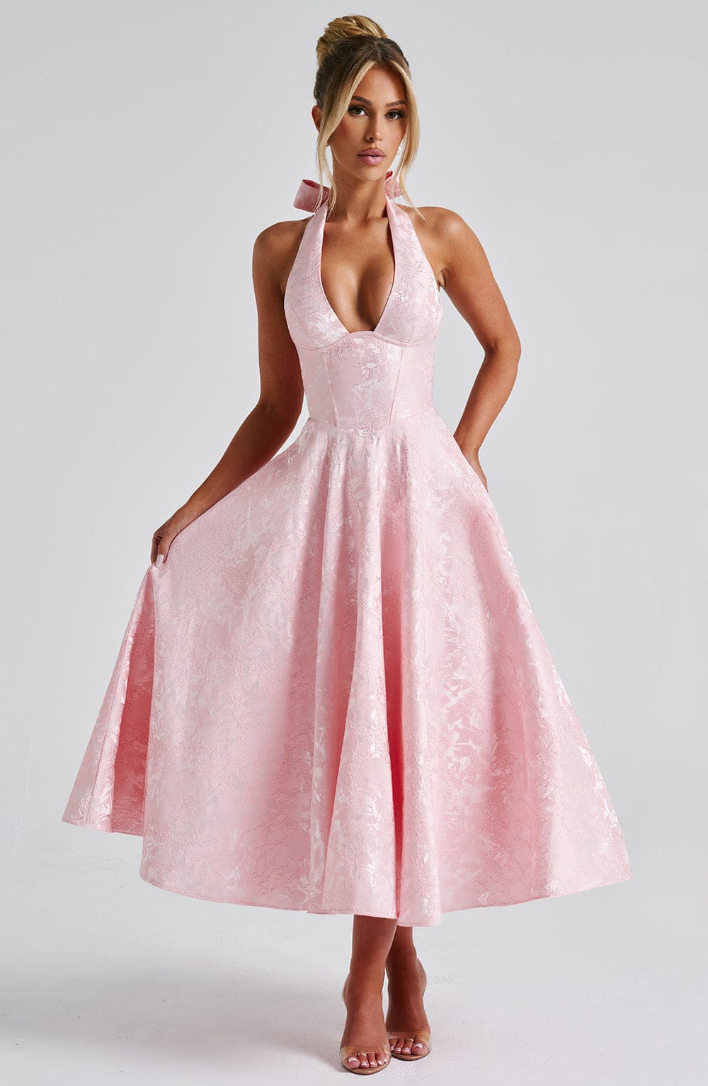 Jacquard Floral Halter Sweetheart Corset A-Line Midi Dress