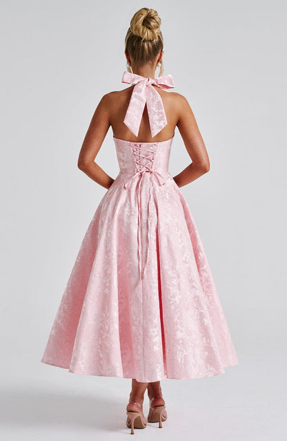 Jacquard Floral Halter Sweetheart Corset A-Line Midi Dress
