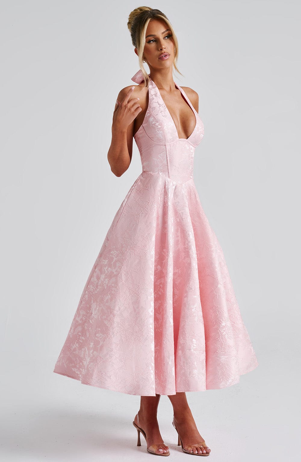 Jacquard Floral Halter Sweetheart Corset A-Line Midi Dress