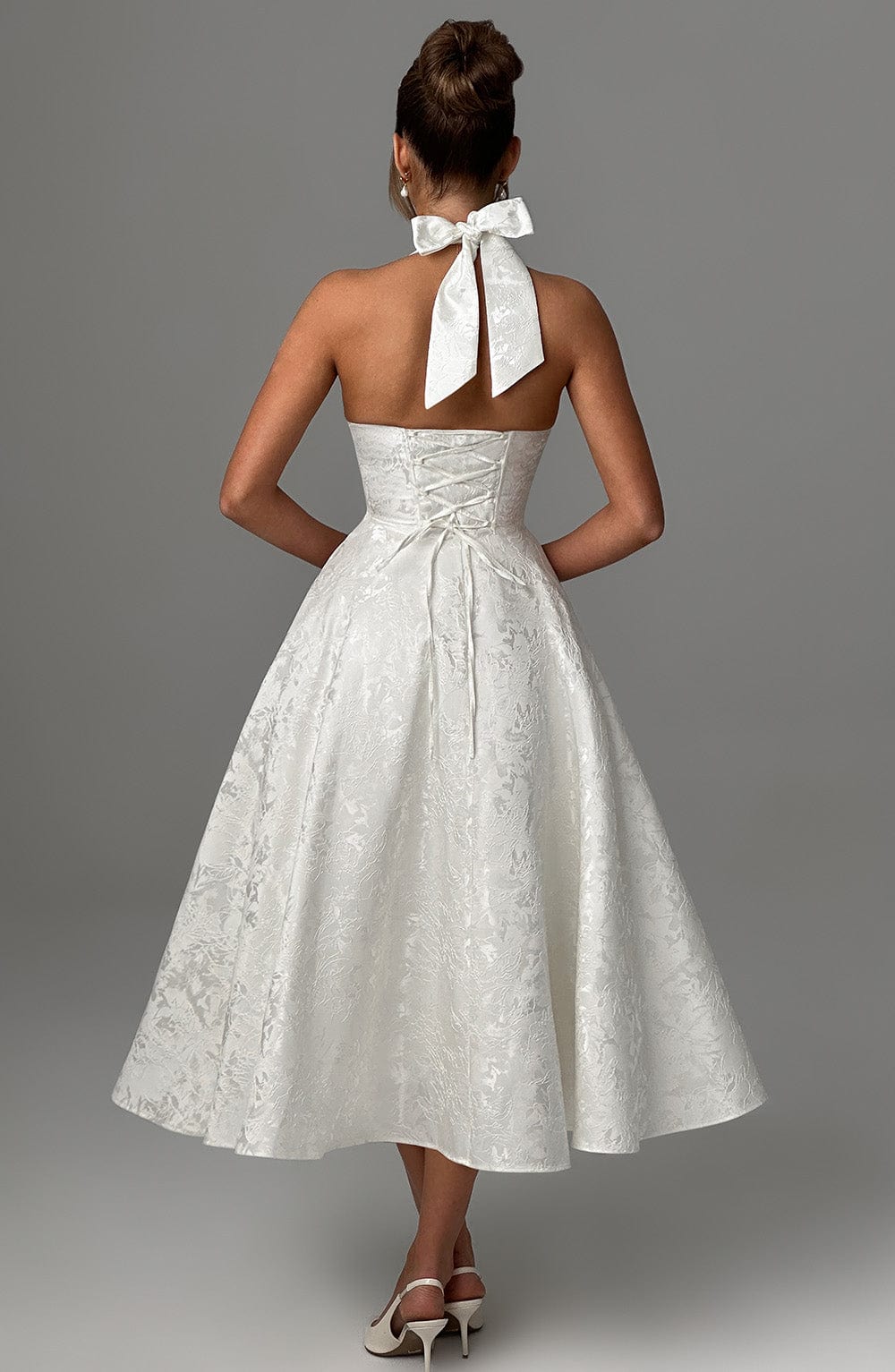 Jacquard Floral Halter Sweetheart Corset A-Line Midi Dress