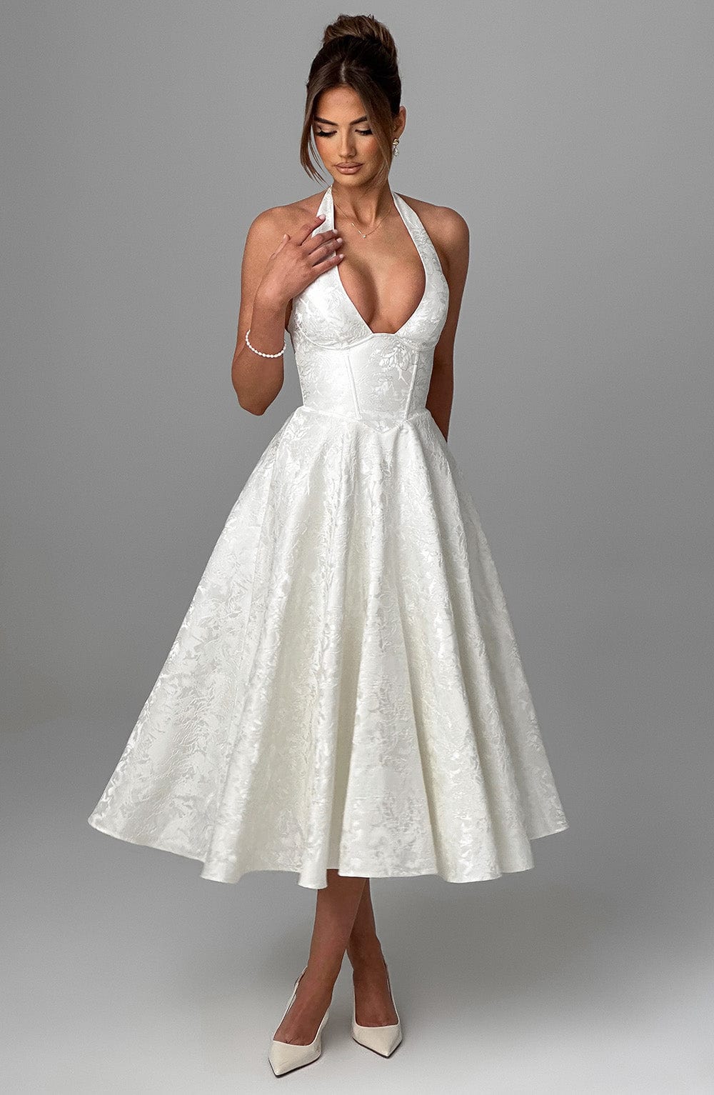 Jacquard Floral Halter Sweetheart Corset A-Line Midi Dress