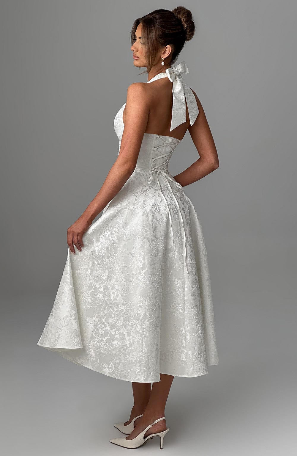 Jacquard Floral Halter Sweetheart Corset A-Line Midi Dress