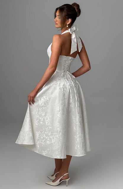 Jacquard Floral Halter Sweetheart Corset A-Line Midi Dress