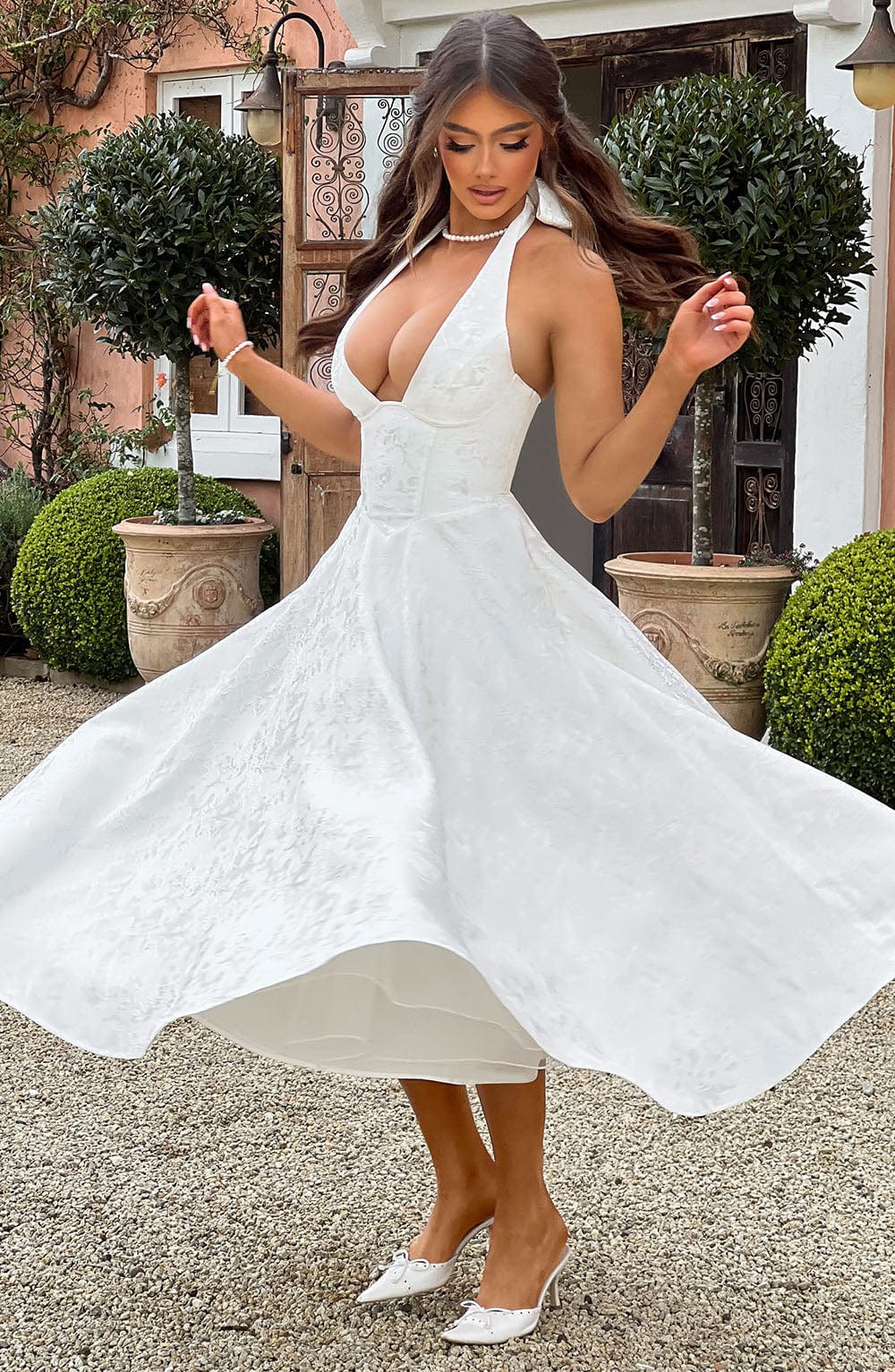 Jacquard Floral Halter Sweetheart Corset A-Line Midi Dress