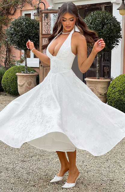 Jacquard Floral Halter Sweetheart Corset A-Line Midi Dress