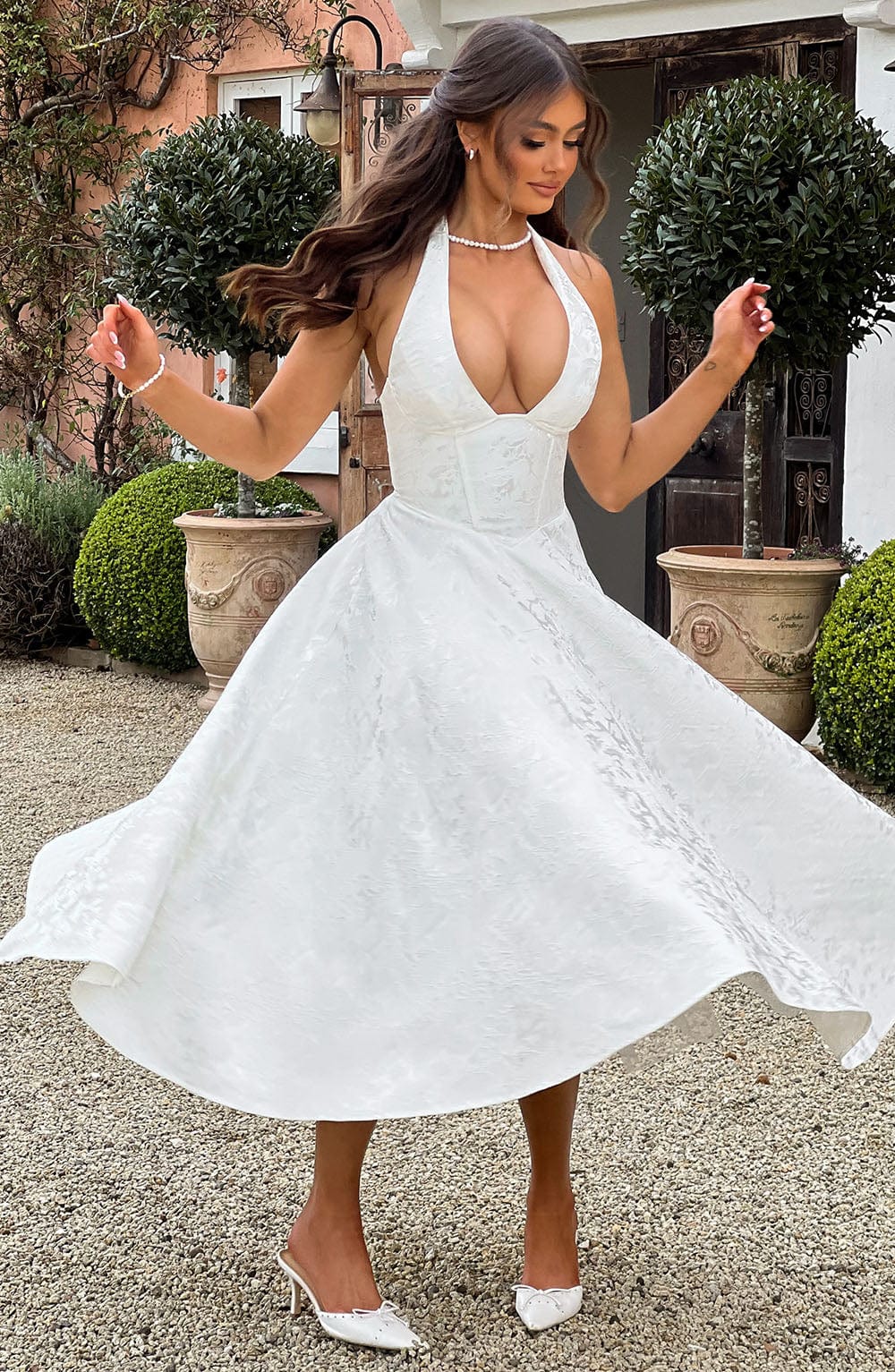 Jacquard Floral Halter Sweetheart Corset A-Line Midi Dress