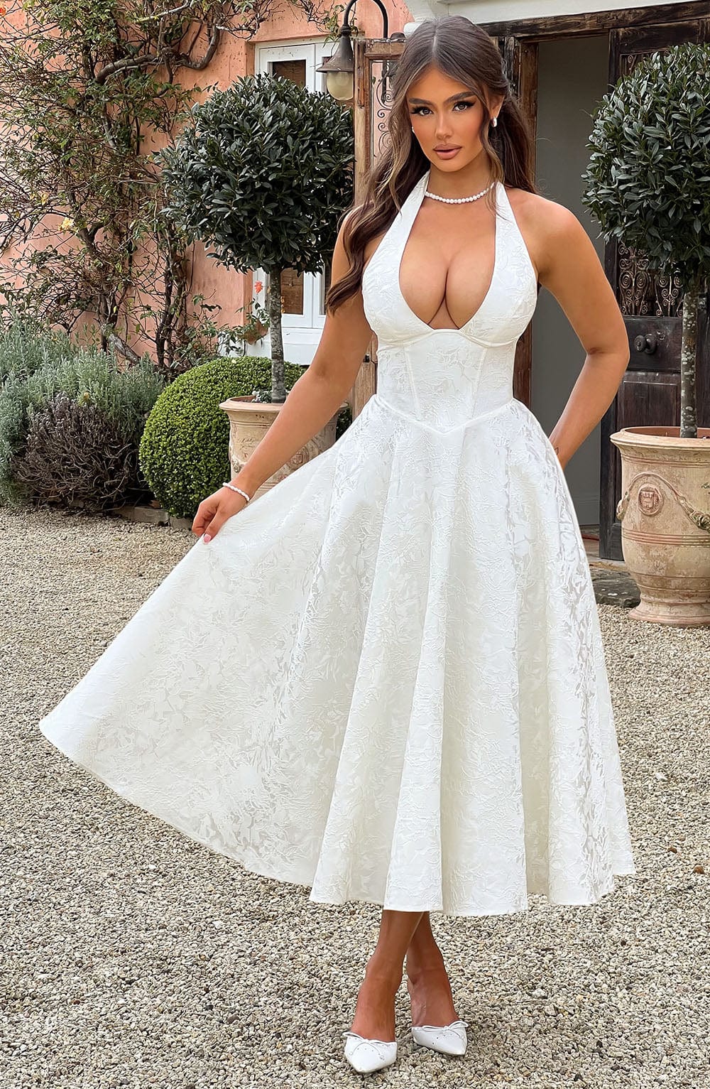 Jacquard Floral Halter Sweetheart Corset A-Line Midi Dress