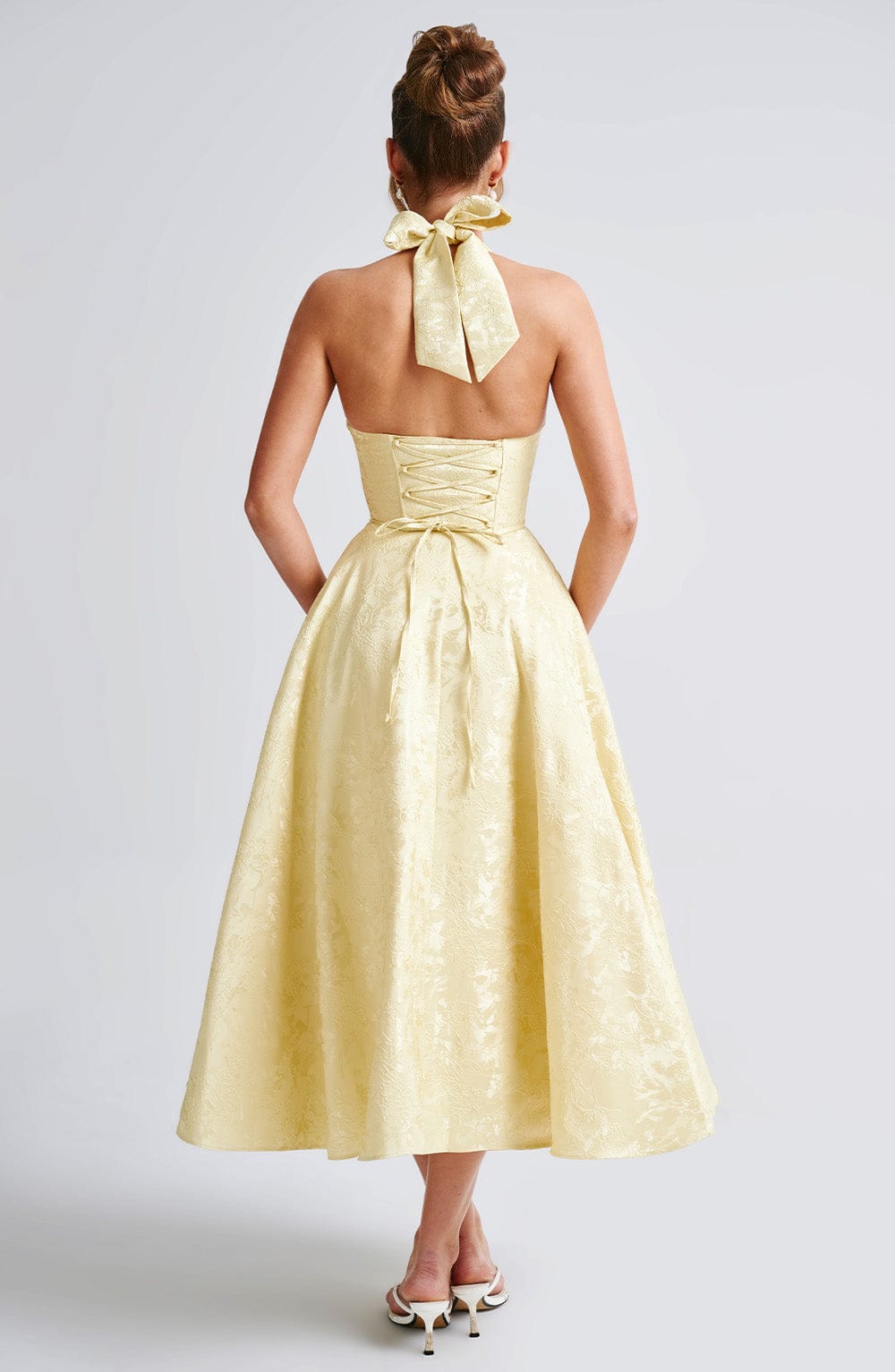 Jacquard Floral Halter Sweetheart Corset A-Line Midi Dress