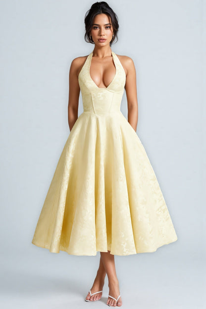 Zashy Yellow Tie Neck Midi Dress
