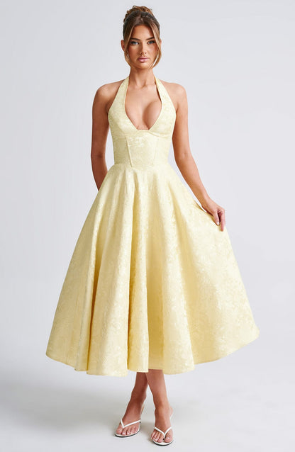 Jacquard Floral Halter Sweetheart Corset A-Line Midi Dress