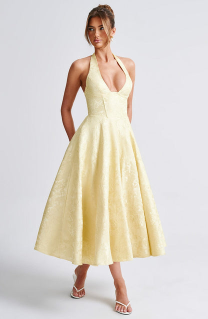 Jacquard Floral Halter Sweetheart Corset A-Line Midi Dress
