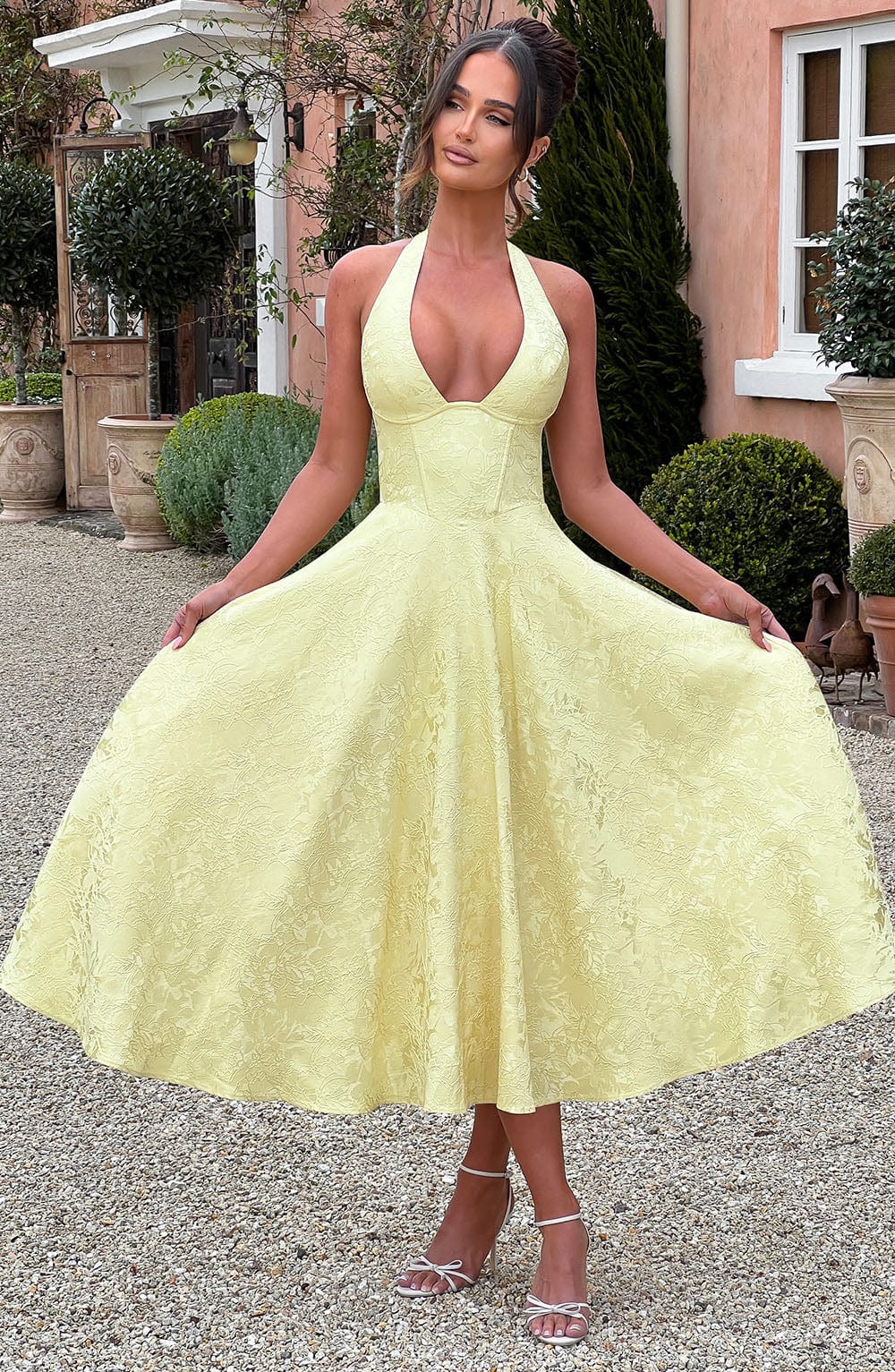 Jacquard Floral Halter Sweetheart Corset A-Line Midi Dress
