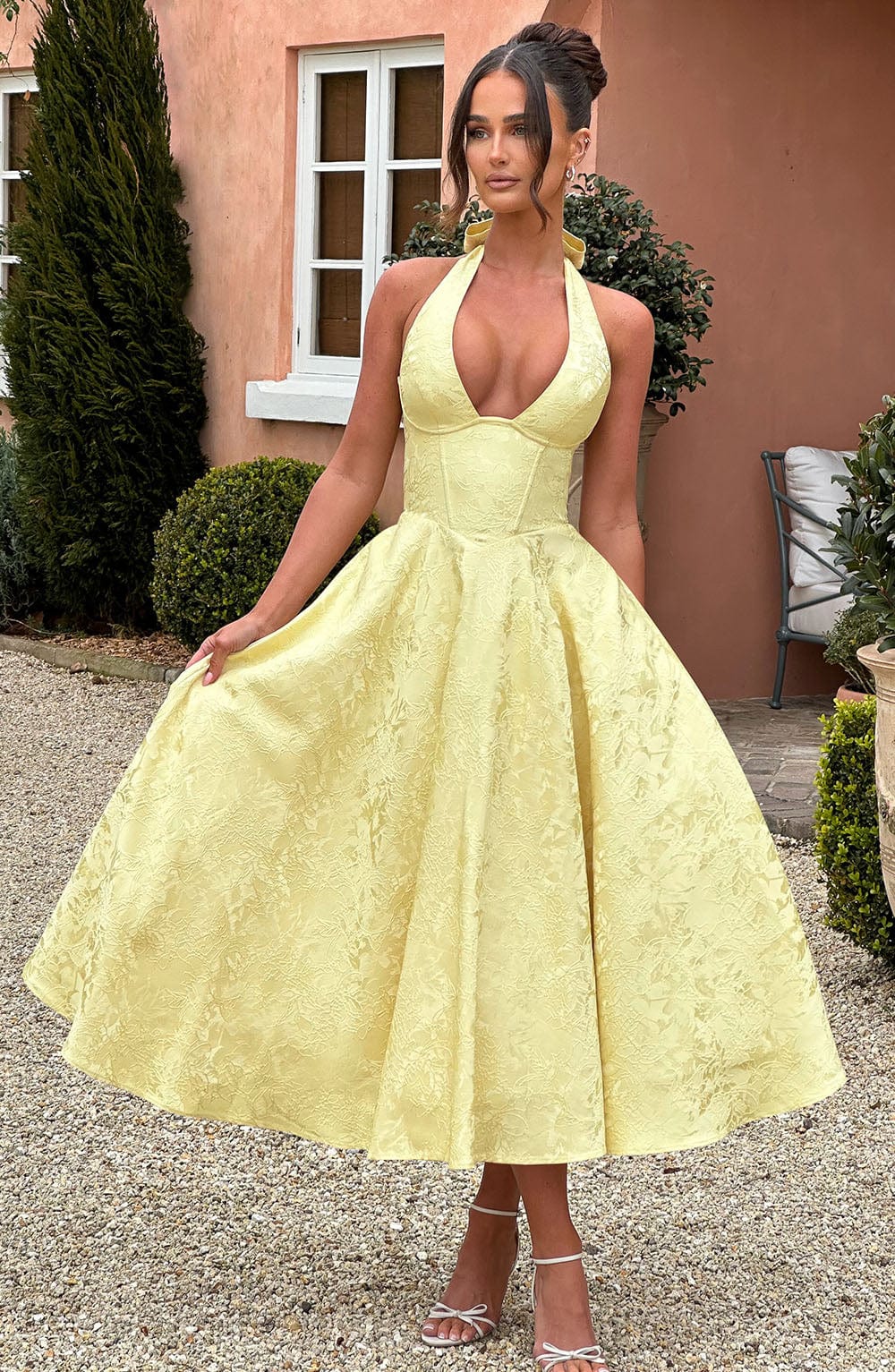 Jacquard Floral Halter Sweetheart Corset A-Line Midi Dress