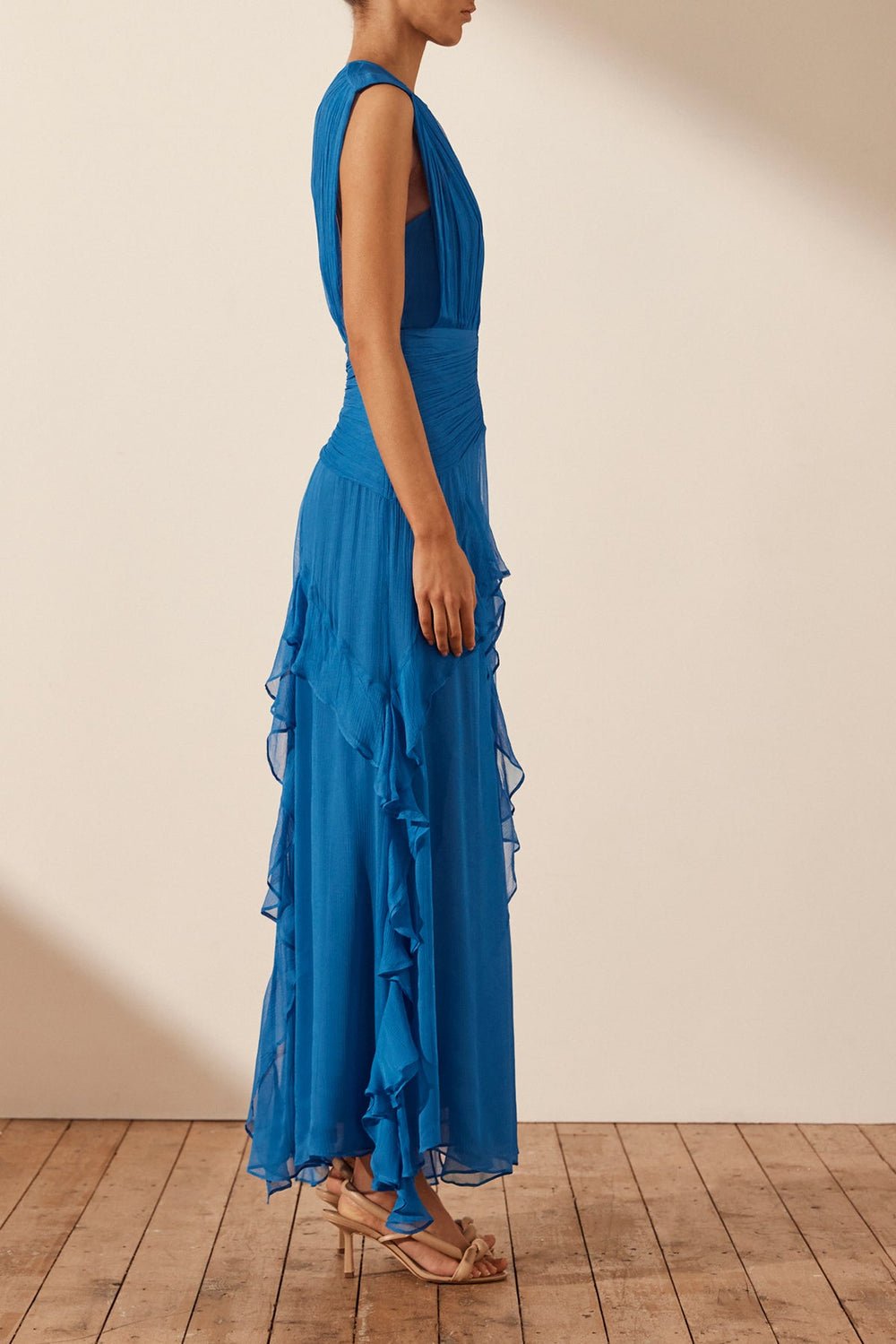 Pleated Round Neck Sleeveless Ruched Basque Waist Cascading Ruffle Maxi Dress
