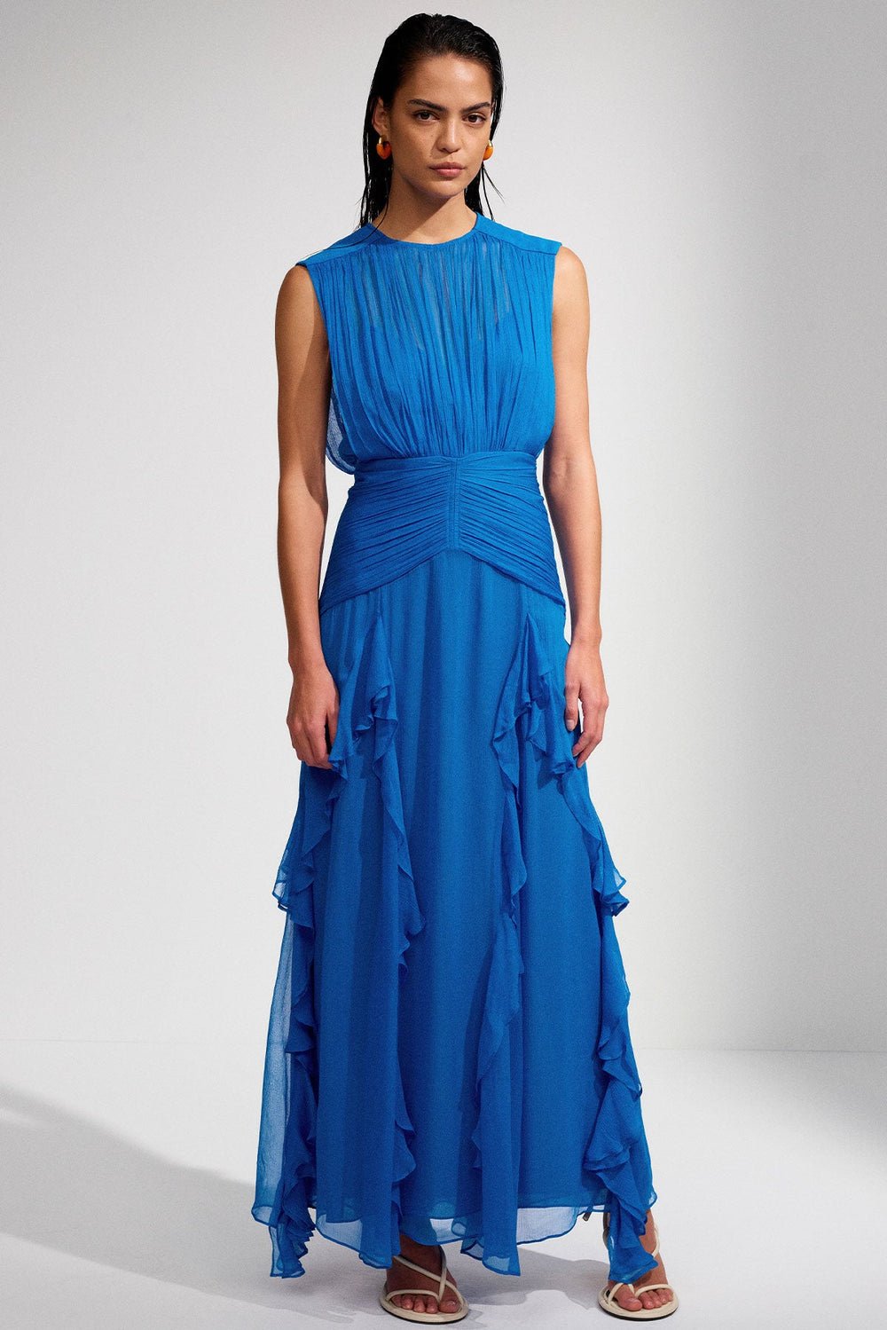 Pleated Round Neck Sleeveless Ruched Basque Waist Cascading Ruffle Maxi Dress