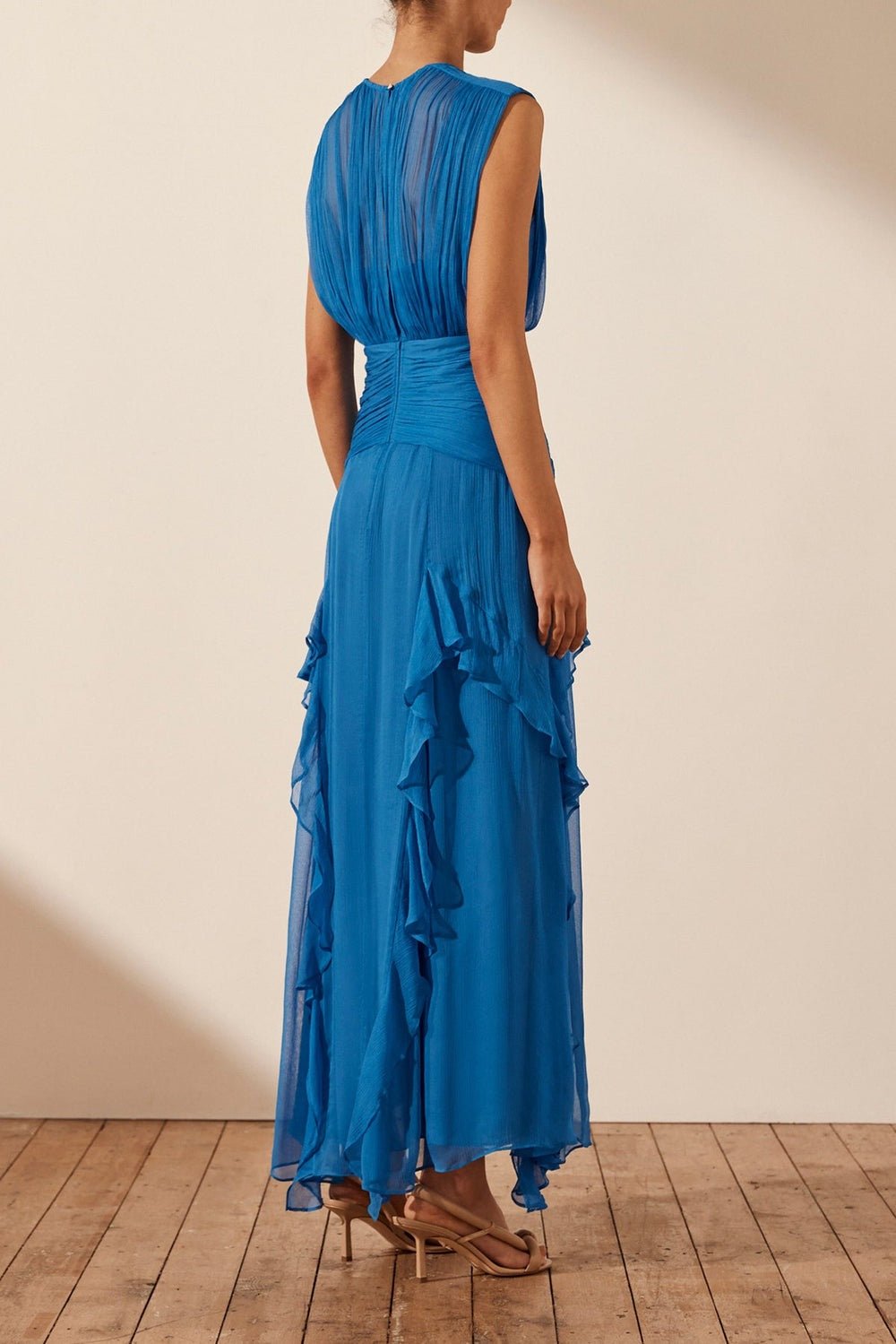 Pleated Round Neck Sleeveless Ruched Basque Waist Cascading Ruffle Maxi Dress