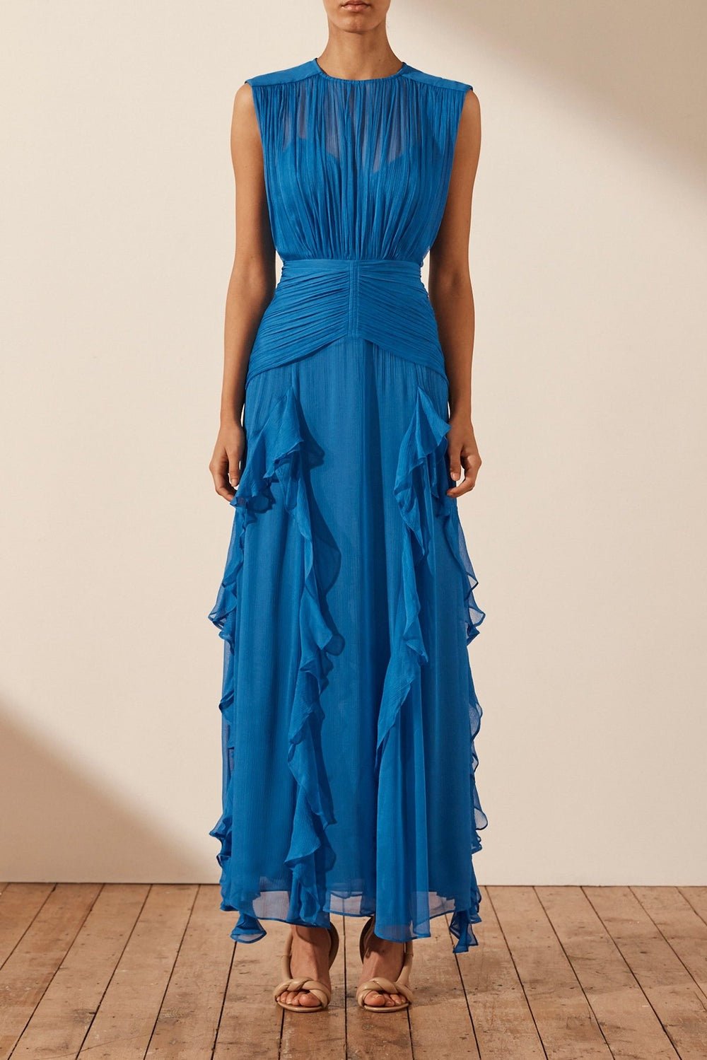 Pleated Round Neck Sleeveless Ruched Basque Waist Cascading Ruffle Maxi Dress