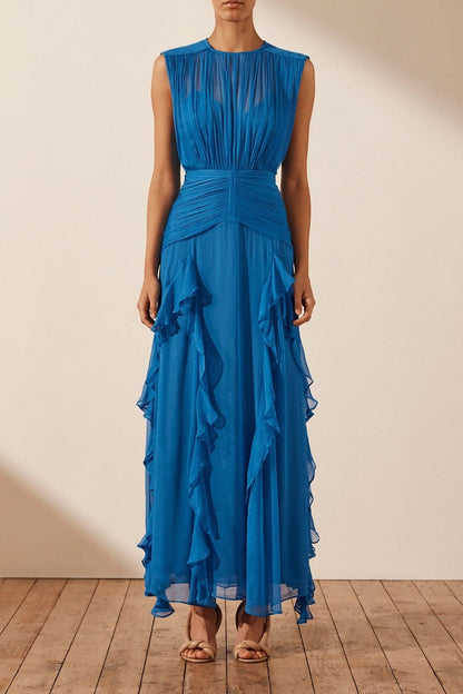 Pleated Round Neck Sleeveless Ruched Basque Waist Cascading Ruffle Maxi Dress