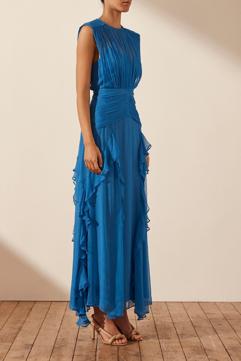 Pleated Round Neck Sleeveless Ruched Basque Waist Cascading Ruffle Maxi Dress