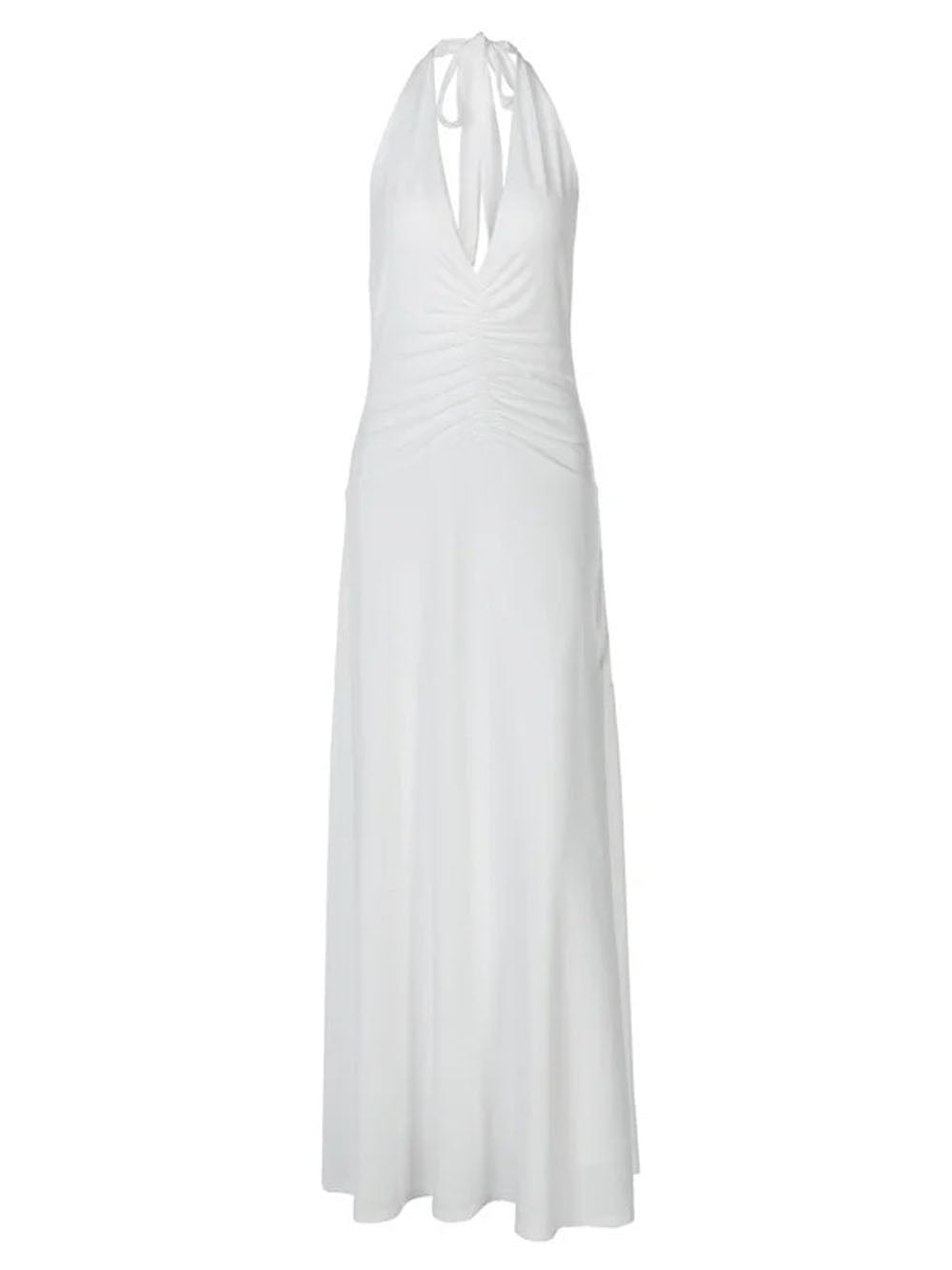 Wide Strap Plunge V-Neck Horizontal Ruched Bodycon Floor-Length Maxi Dress