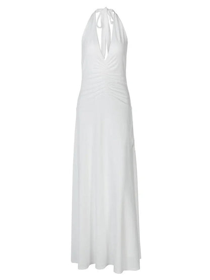 Wide Strap Plunge V-Neck Horizontal Ruched Bodycon Floor-Length Maxi Dress