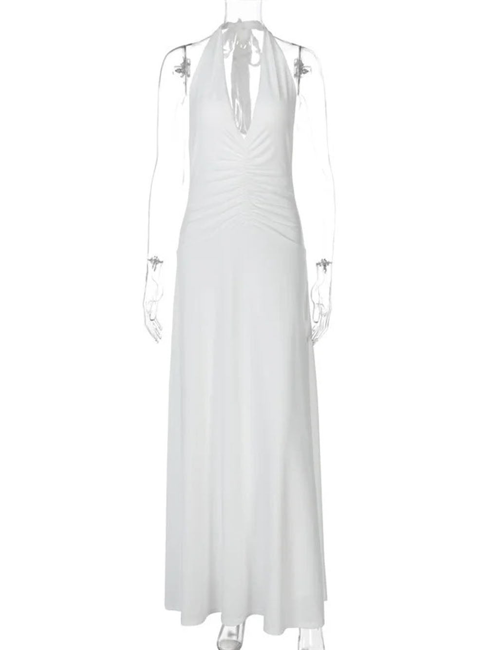 Wide Strap Plunge V-Neck Horizontal Ruched Bodycon Floor-Length Maxi Dress